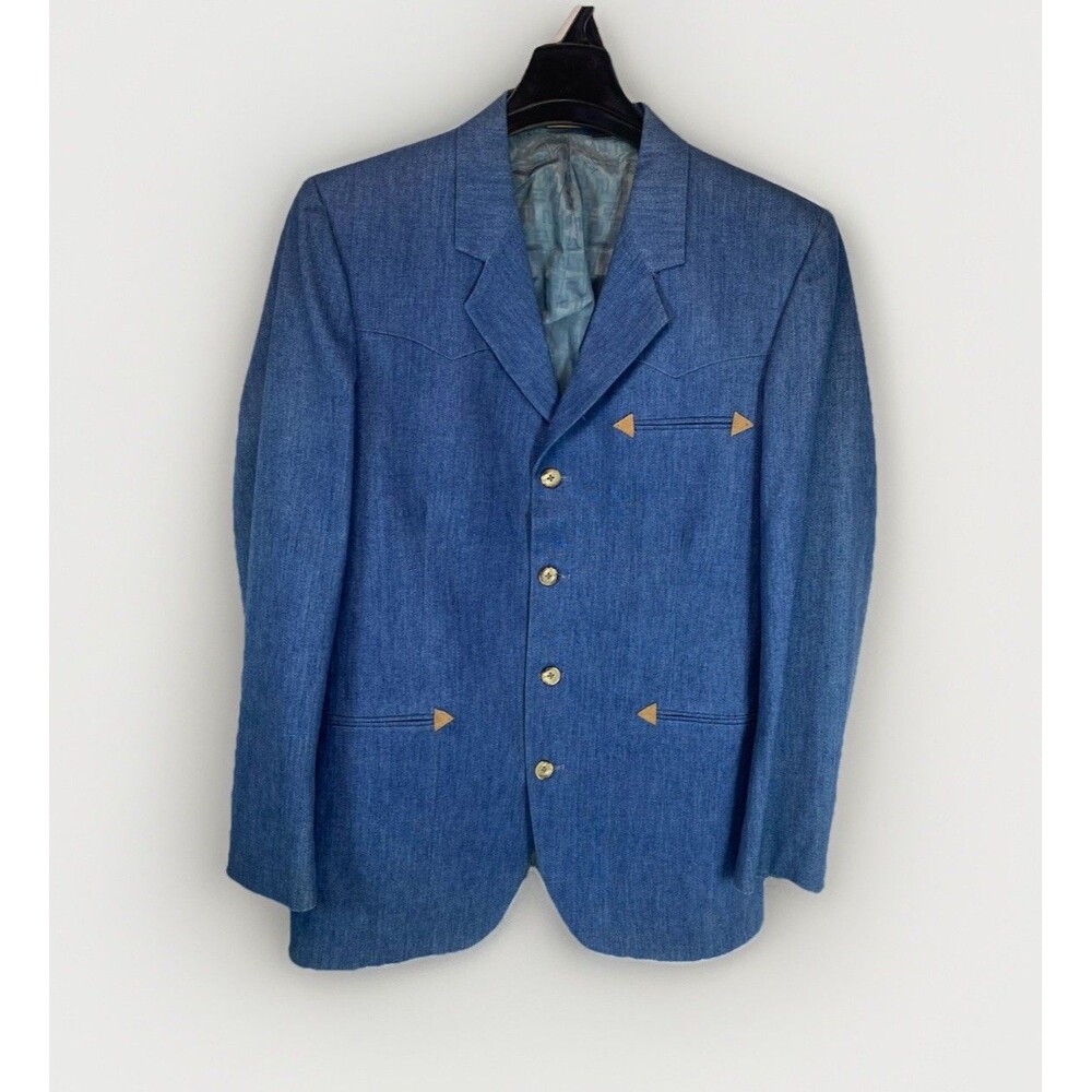Vtg 70s Farah Blue Denim Blazer Jacket Sport Coat Western Rockabilly Men’s 42L